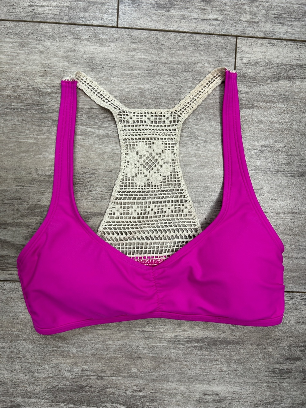 aerie Crochet Racerback Swim Top in Cream and Fuchsia